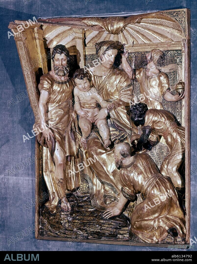 ALONSO BERRUGUETE (1488-1561). ADORACION DE LOS REYES-RELIEVE DEL RETABLO DE SAN BENITO-1526-MANIERISMO ESPAÑOL.