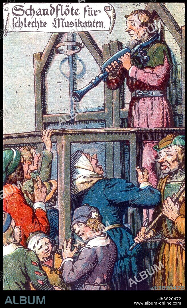 German postcard depicting medieval punishment for bad musicianship. A shame flute for a bad musician. Ernest Nister (1841-1906) was a publisher and printer of movable books for children and paper ephemera such as greeting cards, post cards, and calendars. He refined the techniques used in the design of magic windows, dissolving picture, and pop-up books, publishing them from his firm based in Nuremberg, a toy-making center of the 19th century. Reprinting, Nuremberg, 1910.
