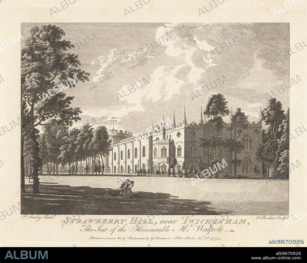 Strawberry Hill, near Twickenham, Gothic Revival villa built for writer, historian and politician, Horace Walpole, 1717-1797. Two gardeners rolling the lawn in front of the castellated mansion. Designed by amateur architect John Chute and designer Richard Bentley. Copperplate engraving by Edward Rooker after an illustration by Paul Sandby from The Copper Plate Magazine or Monthly Treasure, G. Kearsley, London, October 1, 1774.
