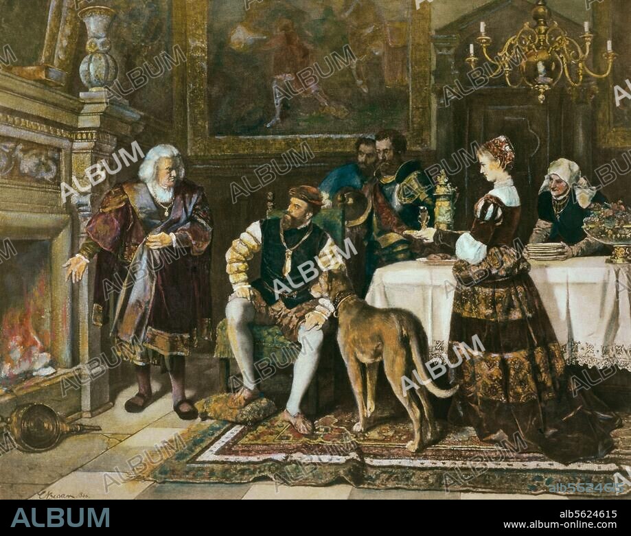Charles V, Roman-German Emperor and King of Spain; 1500-1558. "Charles V at Fugger". (Augsburg, 1535, Anton Fugger burns the bonds of Charles V for the Tunisian campaign). Colourized print after painting, 1866, by Carl Becker (1820-1900).