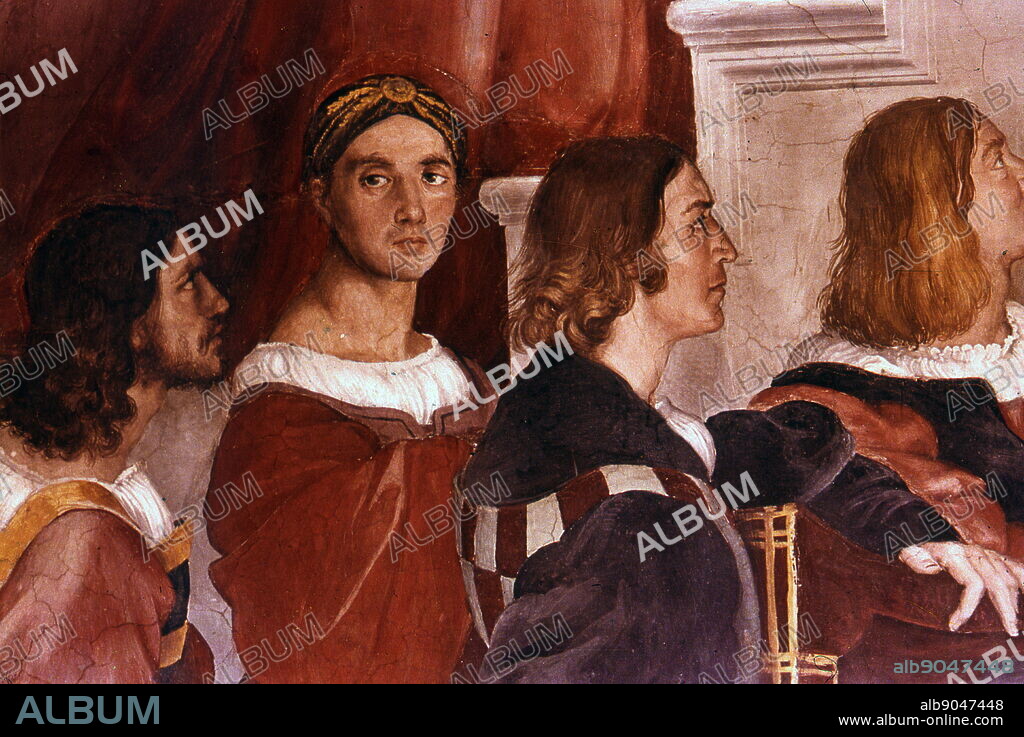 Detail showing Raphael (centre facing) from the Mass at Bolsena. 1514; Fresco by Raphael (1483-1520):Raffaello Sanzio. The Mass at Bolsena is a painting by the Italian renaissance artist Raphael. It was painted between 1512 and 1514 as part of Raphael's commission to decorate with frescoes the rooms that are now known as the Raphael Rooms, in the Apostolic Palace in the Vatican. The Mass at Bolsena depicts an Eucharistic miracle that is said to have taken place in 1263 at the church of Santa Cristina in Bolsena. A Bohemian priest who doubted the doctrine of transubstantiation, was celebrating mass at Bolsena, when the bread of the Eucharist began to bleed. The blood that spouted from the host and fell onto the tablecloth in the shape of a cross and he was reconverted. The following year, in 1264, Pope Urban IV instituted the Feast of Corpus Christi to celebrate this miraculous event.