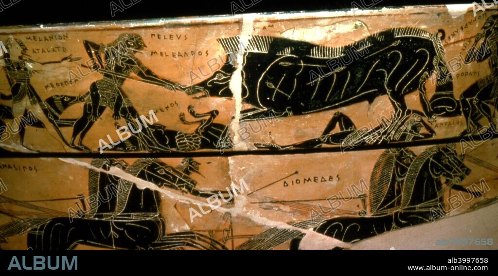 Detail from the Francois Vase, Peleus and Atalanta with Calydonian Boar Hunt, c6th century BC. Etruscan Tomb finding. Greek Vase signed by Clitias (painter) and Ergotimos (potter) c560 BC. Large Attic volute krater decorated in the black-figure style.  Now at Archaeological Museum, Florence.