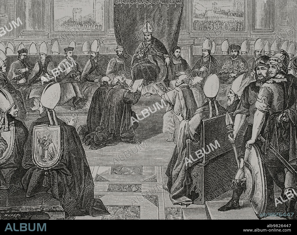 Council of Vienne. Ecumenical Council of the Catholic Church held in Vienne (France), in the cathedral of St Maurice (October 1311-May 1312). It was convoked by Pope Clement V (1264-1314). One of the resolutions of the council was the suppression of the Order of the Temple by papal bull on 22 March 1312. Engraving by Huyot after a fresco executed in the Vatican Library by order of Pope Pius V. "Vie Militaire et Religieuse aux Moyen Age et à l'Epoque de la Renaissance". Paris, 1877.
