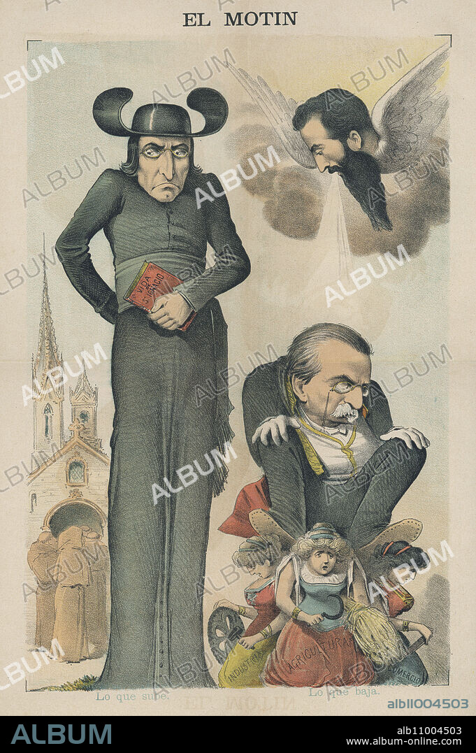 España. Dibujo satírico alusivo a la política española. Interior de la revista El Motín, editado en Madrid, noviembre de 1884. Lo que sube y lo que baja.