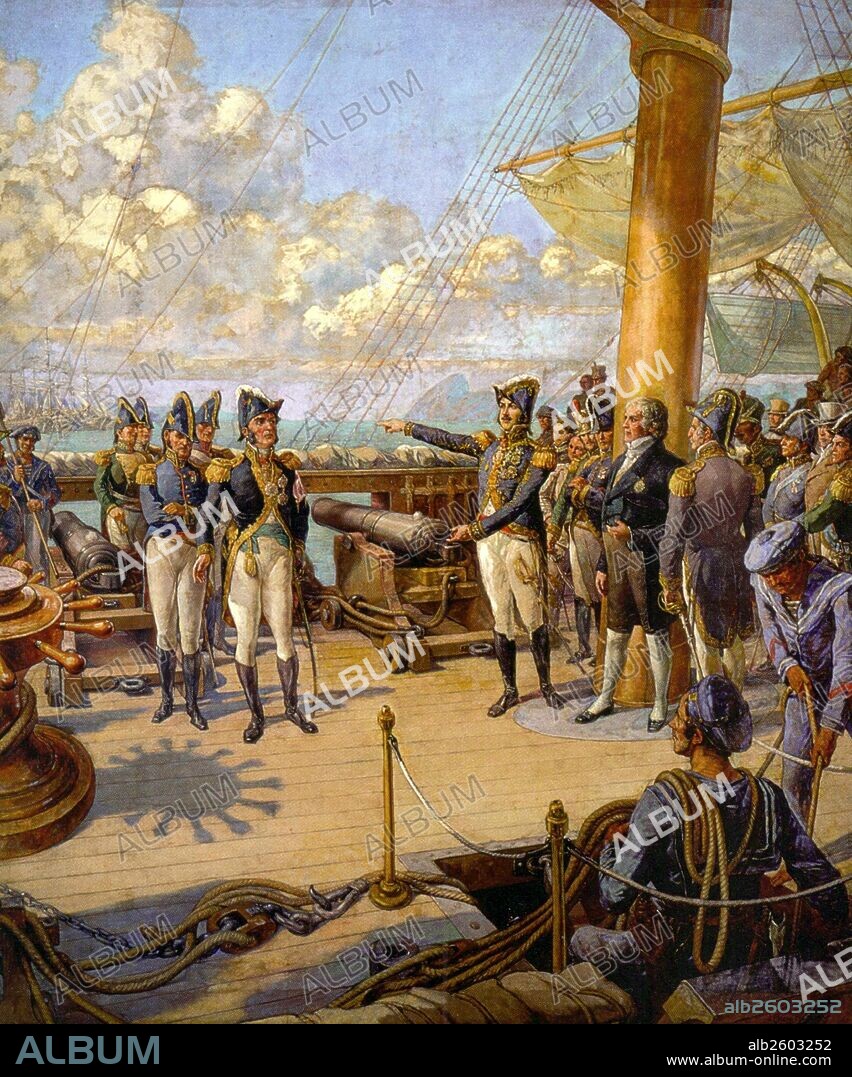 On board the frigate União (Union) Emperor Pedro I of Brazil (right) orders Portuguese officer Jorge Avilez (left) to return to Portugal after his failed rebellion on February 8, 1822. José Bonifácio can be seen next to Pedro I.