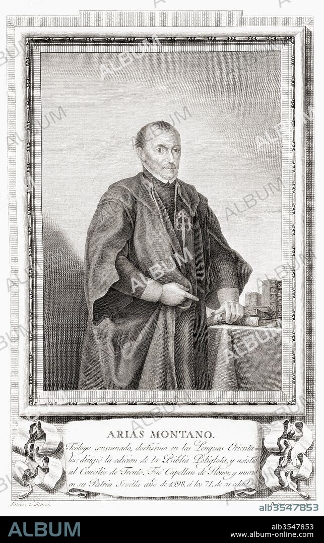 Benito Arias Montano, aka Benedictus Arias Montanus, 1527–1598. Spanish orientalist and editor of the Antwerp Polyglot. After an etching in Retratos de Los Españoles Ilustres, published Madrid, 1791.
