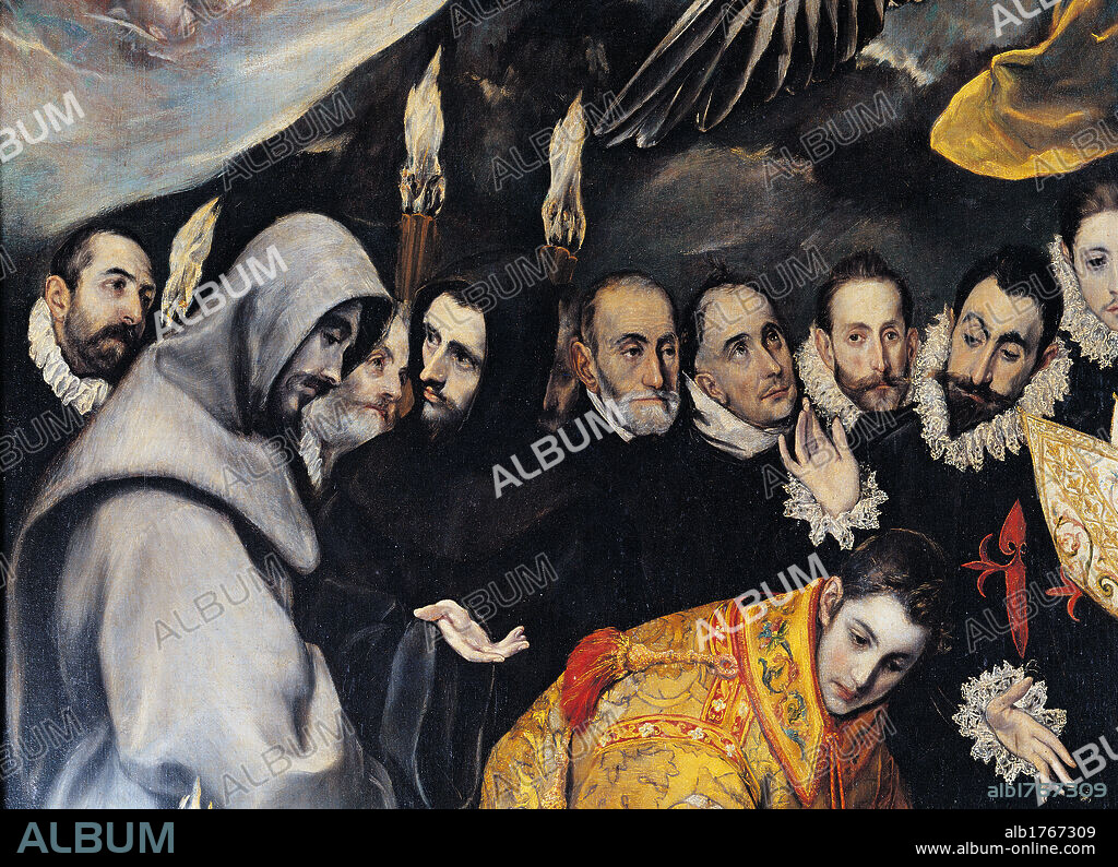 Christ in Piet Between Saints Christopher and Anthony the Abbot, by Domenico Theotokpulos known as El Greco, 1586, 16th Century, oil on canvas,. Spain, Castiglia Mancia, Toledo, Santo Tom Church. Detail Franciscan Dominican Augustinian Spanish nobles.