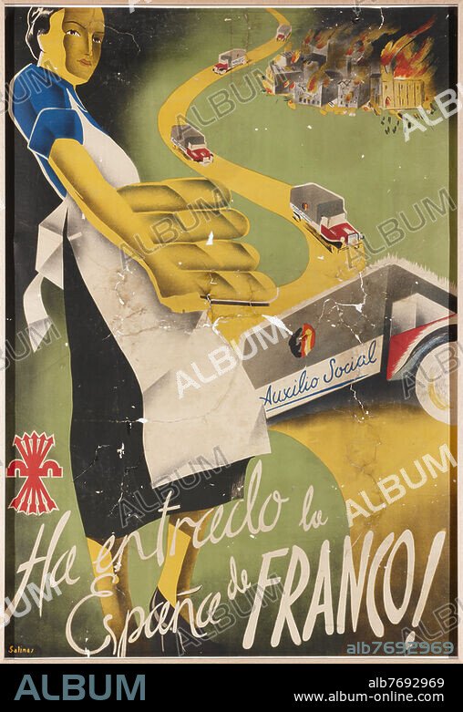 Spanish Civil War 1936-39. - "Ha entrado la España de Franco" (Franco's Spain has Arrived). - Poster (taken before restoration in 2016). Colour lithograph, 1938, designed by Salinas. 95 × 68 cm. Madrid, Museo Nacional Centro de Arte Reina Sofia.