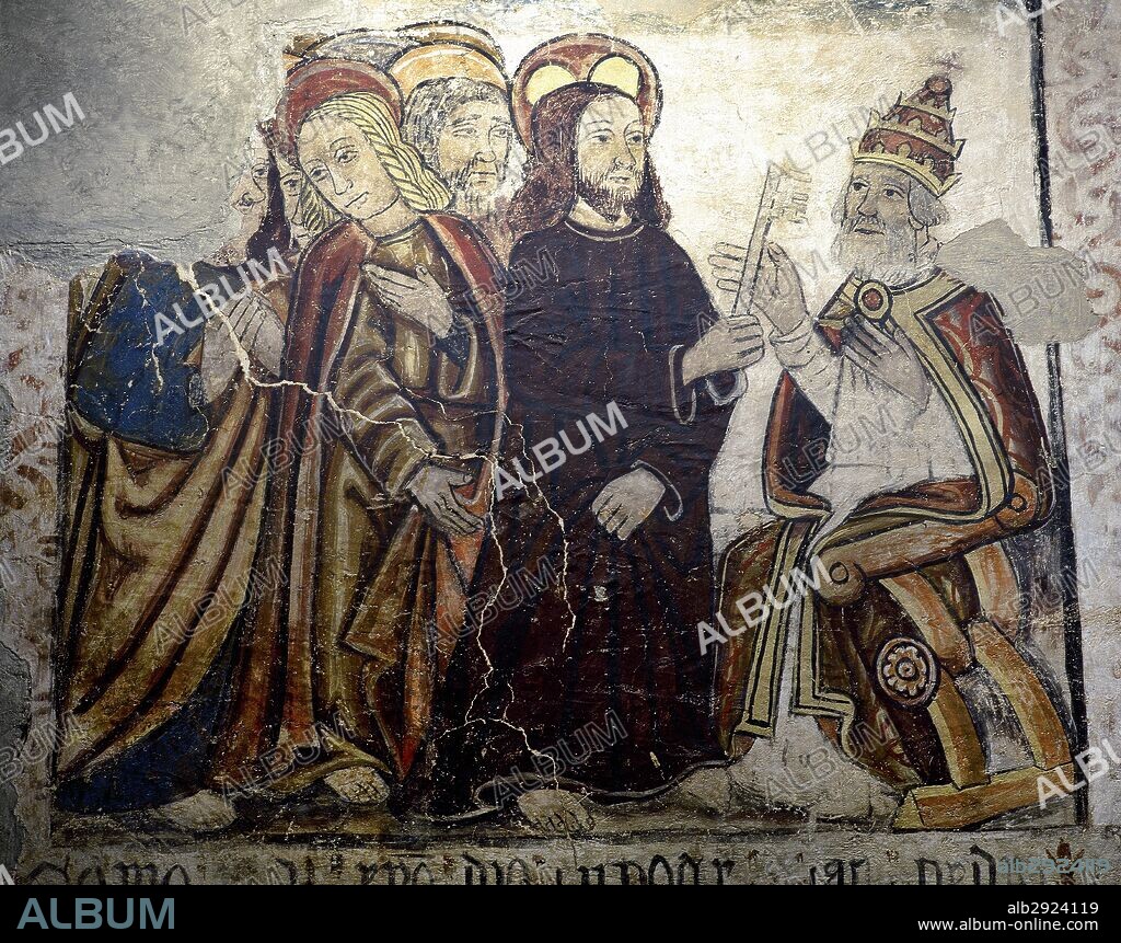 Scenes from the life of Saint Peter. Detail of the wall paintings, 14th century. It depicts Jesus giving the keys to St. Peter. Cathedral of Mondonedo. central nave. Lugo province. Galicia. Spain.