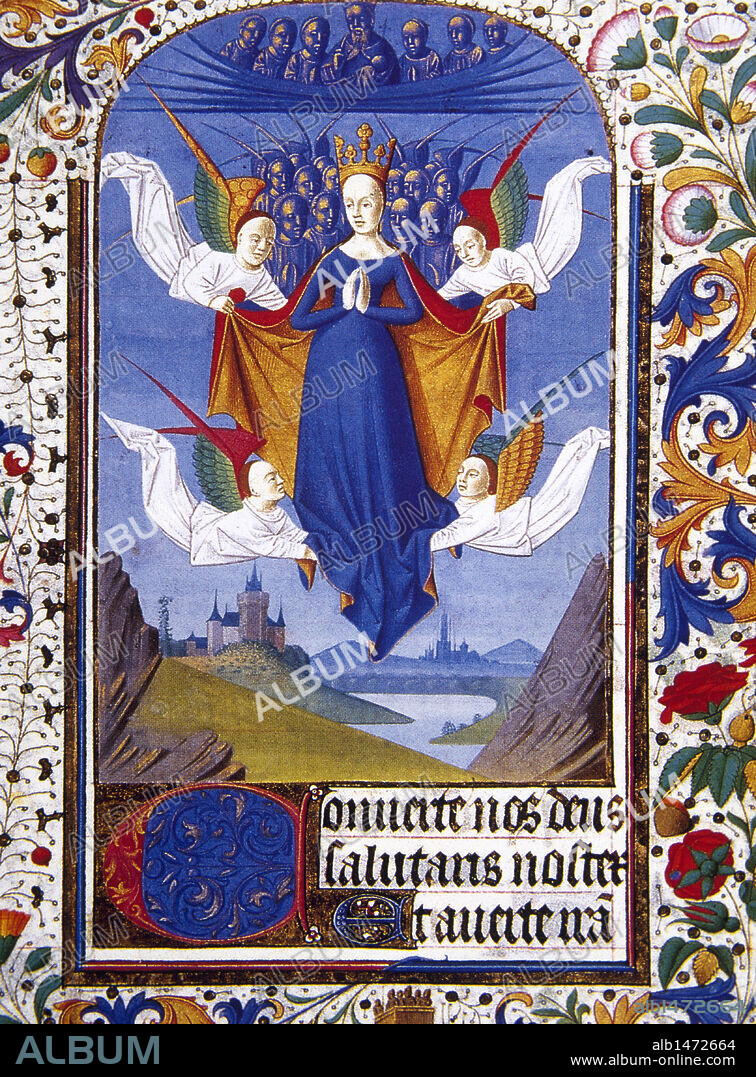 ASUNCION DE LA VIRGEN MARIA. Miniatura del Libro de las Horas de la Duquesa de Bourgonge (S. XV) Castillo de Chantilly. Francia.