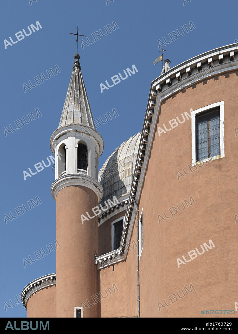 Church of the Redentore, Venice, by Andrea di Pietro della Gondola known as Palladio, 1576 post, 16th Century,. Italy, Veneto, Venice, The Redentore Church. Detail. Exterior bell tower apse cornice eave Church of the Redentore, 2009 photograph.