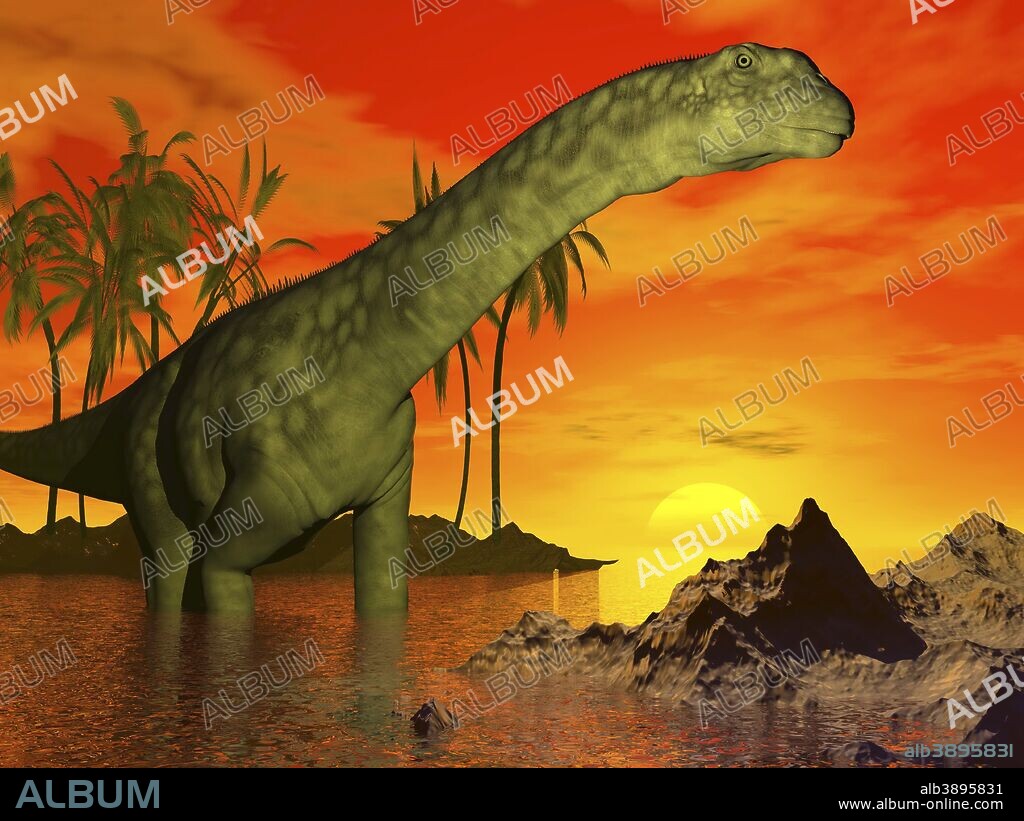 Large Argentinosaurus dinosaur standing in water next to palm trees backdropped by a beautiful sunset.