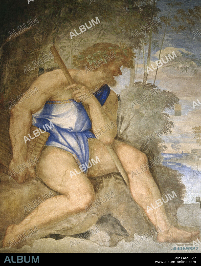 SEBASTIANO DEL PIOMBO. ARTE RENACIMIENTO. ITALIA. PALACIO LA FARNESINA (1511). Mansión renacentista. Detalle de un FRESCO con la representación del CICLOPE POLIFEMO, obra de Peruzzi. Roma.
