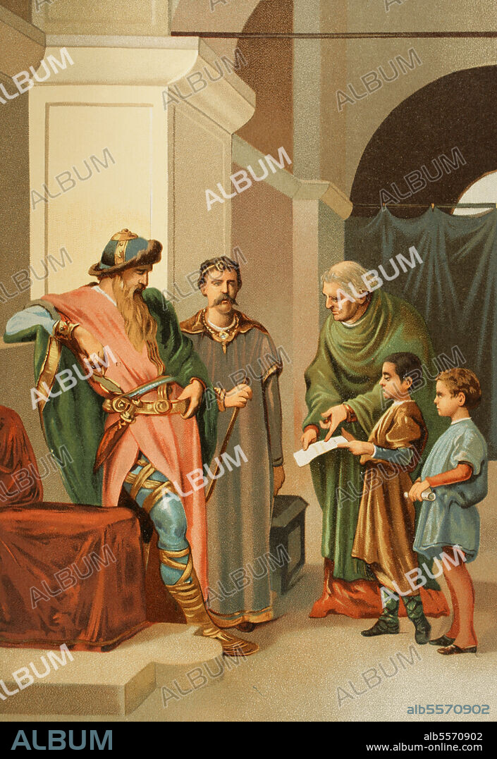 Europa. Imperio Carolingio. Siglo VIII. El emperador Carlomagno visitando las escuelas. Cromolitografía. Historia Universal, por César Cantú. Tomo IV. Publicado en Barcelona, 1881.