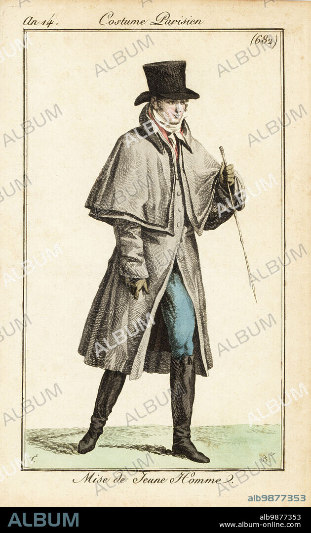Costume of a young dandy, Paris, 1805. He wears a top hat, carrick coat or ridingcoat with cape collar, cravatte, waistcoat, breeches and boots. He holds a riding crop. Mise de jeune homme. Handcoloured copperplate engraving by Pierre-Charles Baquoy after Carle Vernet from Pierre de la Mesangeres Journal des Dames et des Modes, Magazine of Women and Fashion, Paris, An 13, 1805.