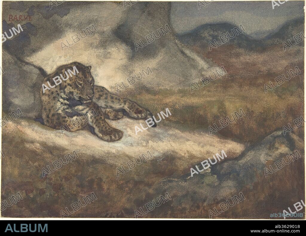 Leopard Lying Down. Artist: Antoine-Louis Barye (French, Paris 1796-1875 Paris). Dimensions: Sheet: 6 7/16 x 8 15/16 in. (16.3 x 22.7cm). Date: 1810-75.