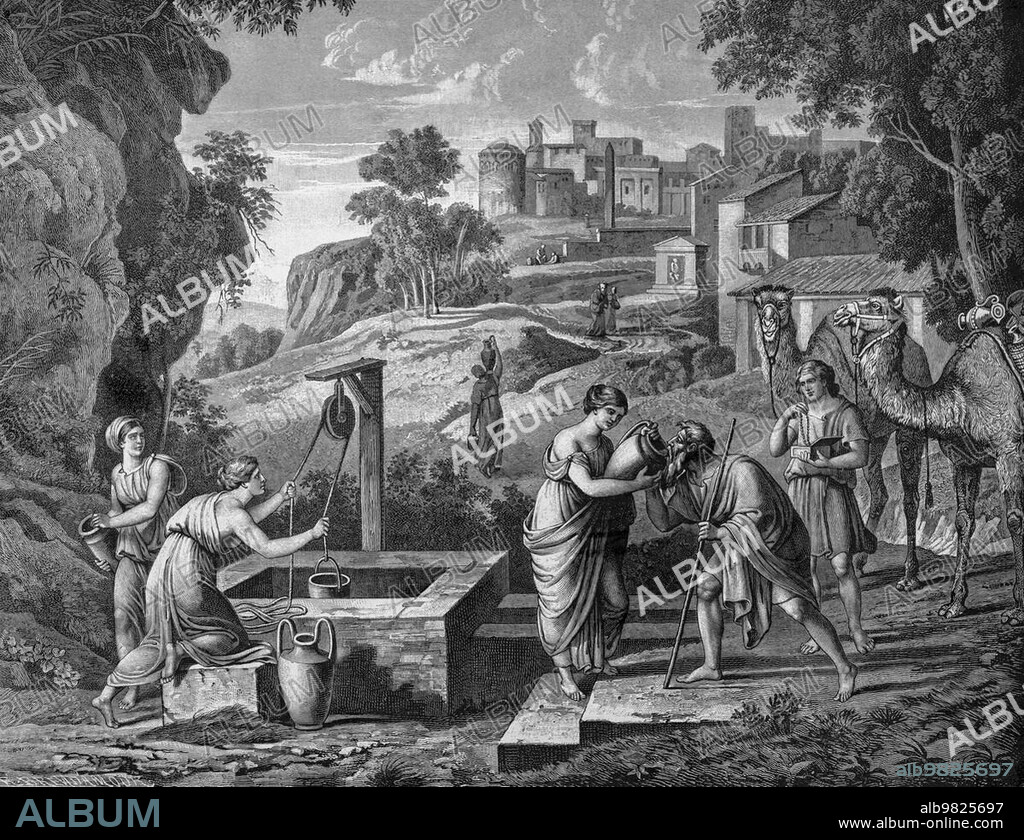 Servant Eliezer and Rebekah at the well; City of Nahor; Mesopotamia; Near East; First Book of Moses; Chapter 24; Verses 10-61; Old Testament; Bible; Nahor; landscape; drawing water; winds; people; camels; rocks; jug; drinking; historical illustration 1890.