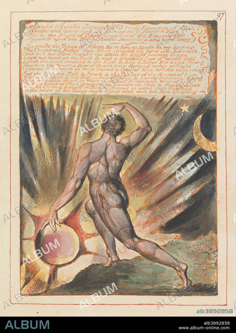 WILLIAM BLAKE. Jerusalem, Plate 97, "Awake! Awake Jerusalem....". Date/Period: 1804 to 1820. Print. Orange print, pen, black ink and watercolor on cream-colored paper (Relief etching printed in orange with pen and black ink, watercolor, and gold on moderately thick, smooth, cream wove paper)orange print, pen, black ink and watercolor on cream-colored paper (Relief etching printed in orange with pen and black ink, watercolor, and gold on moderately thick, smooth, cream wove paper). Height: 210 mm (8.26 in); Width: 150 mm (5.90 in).