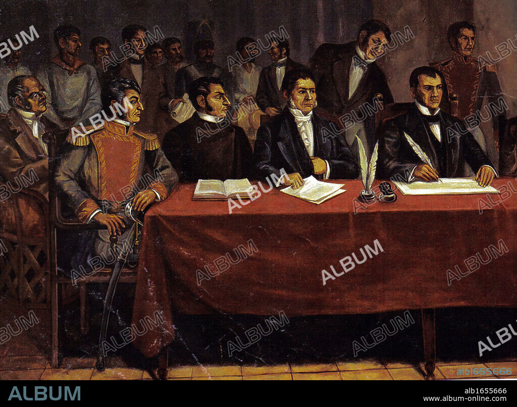 Jose Maria Teclo Morelos y Pavon (1765 - 1815) Mexican Roman Catholic priest and revolutionary rebel leader who led the Mexican War of Independence movement, assuming its leadership after the execution of Miguel Hidalgo y Costilla in 1811. He was later captured by the Spanish colonial authorities and executed for treason in 1815. Painting shows Morales (right ) at the sesion plenaria del Congreso de Chilpancingo 1813.