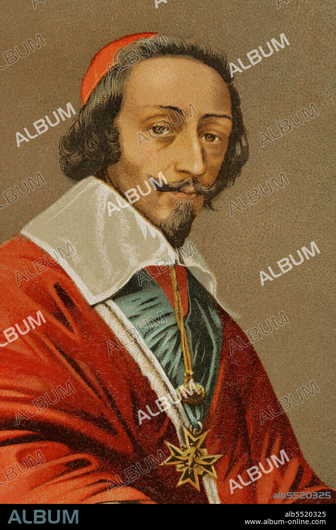 Cardinal de Richelieu (Armand Jean du Plessis) (1585-1642). French clergyman and statesman. Chief minister to King Louis XIII. Portrait, detail. Chromolithography. Historia Universal, by César Cantú. Volume VIII. Published in Barcelona, 1886.
