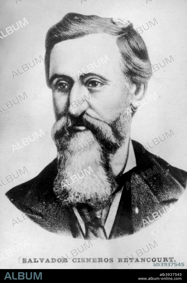 Salvador Cisneros Betancourt, Marquis of Santa Lucia (1828 - 1914 ), Cuban politician who became president of the Republic of Cuba in Arms from 1873 to 1875. He was a supporter of the independence of Cuba, and part of the Liberation Society created in Camagüey to arrange preparations for revolution. At the outbreak of the Ten Years War he granted freedom to his slaves and put their goods in the service of Cuban independence. Cigar card from the History of Cuba,  Geografico Universal, Propaganda de los Cigarros Susini y La Corona , Tabacalera Cubana.