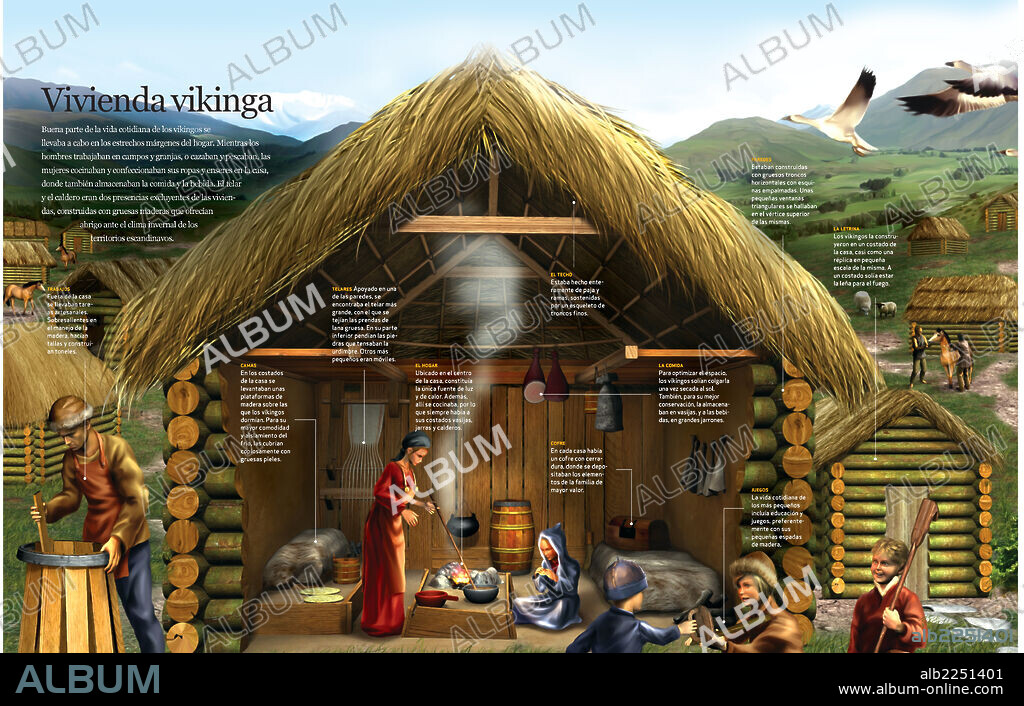 Viking housing. Infographics about the daily life of the Viking in a village and its typical housing structure.