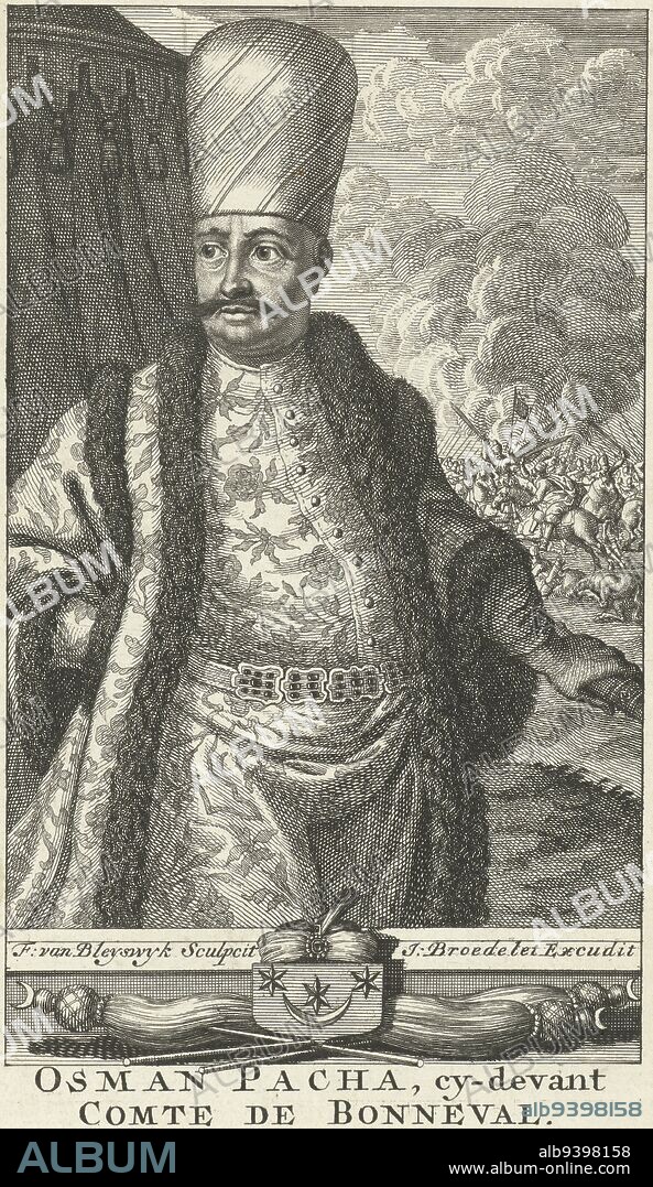 Portrait of French Osman Pasha, Count of Bonneval, who converted to Islam and became a general in the Turkish army. He stands in front of an army tent with an army of horsemen on a battlefield in the background., Portrait of Osman Pasha as general of Turkish troops Osman Pacha, cy-devant Comte de Bonneval , print maker: François van Bleyswijck, (mentioned on object), publisher: Johannes Broedelet, (mentioned on object), Leiden, 1681 - 1746, paper, etching, engraving, h 146 mm × w 87 mm.