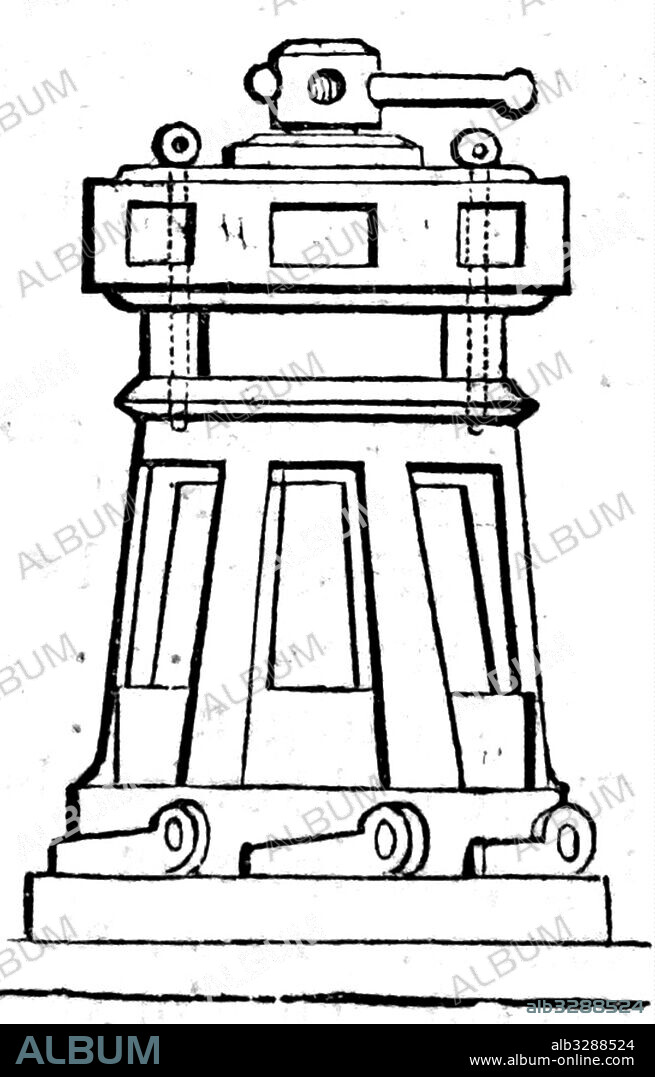 Engraving of a Capstan, a broad revolving cylinder with a vertical axis used for winding a rope or cable, powered by a motor or pushed round by levers. Dated 19th Century.