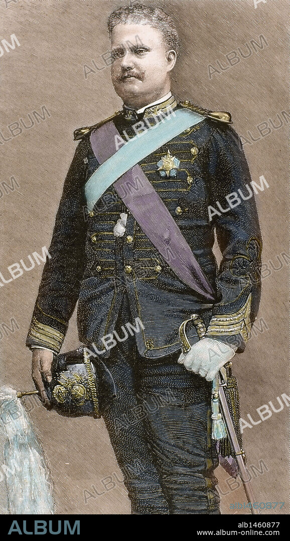 CARLOS I (Lisboa,1863-1908). Rey de Portugal (1889-1908). Al suceder a su padre, Luis I de Braganza-Coburgo, tuvo que enfrentarse con la crisis de ultramar de 1890. En 1906 entregó el poder al dictador Joao Franco que en 1907 suspendió la Constitución. Grabado por A. Carretero. Coloreado.