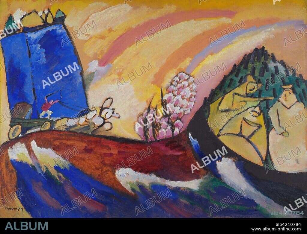 WASSILY KANDINSKY. Painting with Troika. Vasily Kandinsky; French, born Russia, 1866-1944. Date: 1911. Dimensions: 27 3/8 × 38 5/16 in. (69.7 × 97.3 cm). Oil on cardboard; in artist's painted frame. Origin: Germany.