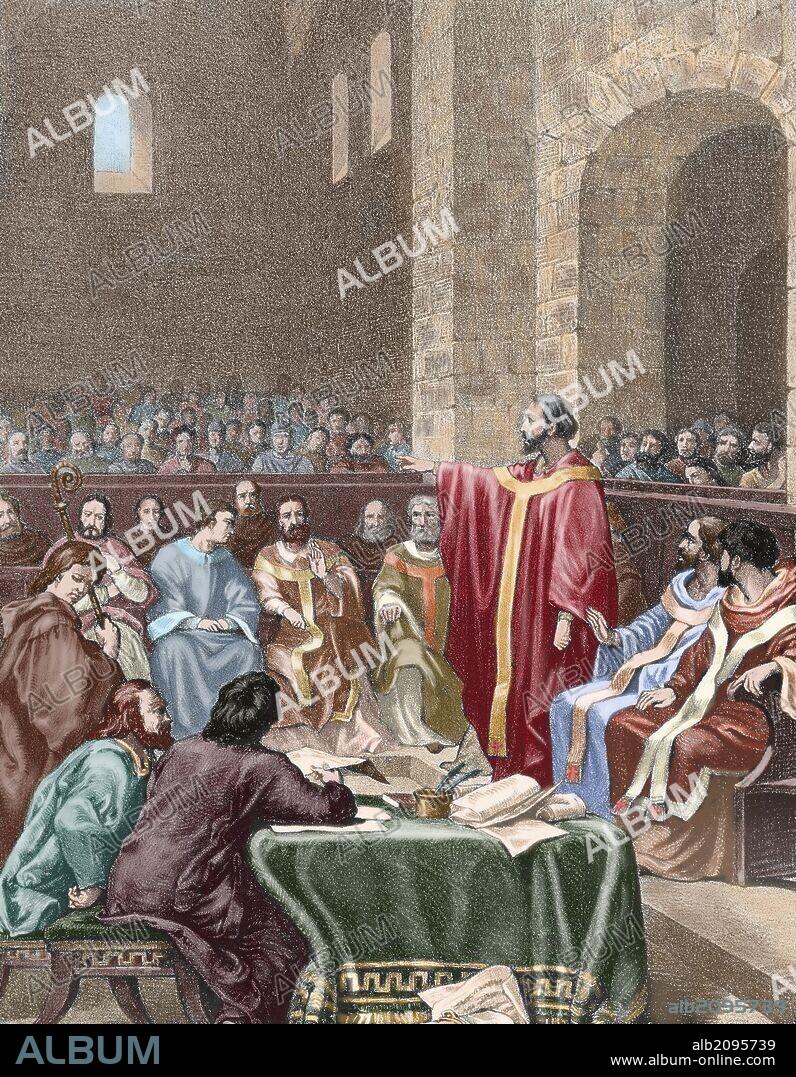 "CONCILIO DE ILIBERRES, ILIBERIS o ILLIBERRI". Concilio del episcopado hispánico celebrado en el año 306, en esta antigua población hispánica próxima a Granada. Andalucia. España. Siglo IV. Grabado coloreado.