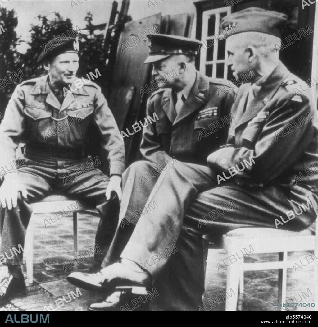 Allied Leaders In Holland -- Gen. Dwight D. Eisenhower, Supreme Allied Commander in Western Europe, Talks with Field Marshal Sir Bernard L. Montgomery (Left), Commander of the 21st Army Group, and Lt. Gen. Omar Bradley (right), 12th Army Group Commander, in Holland. They met when Montgomery Presented British Decorations to American Officers and Eisenhower Awarded American decorations to British Officers. March 16, 1945. (Photo by AP Wirephoto).