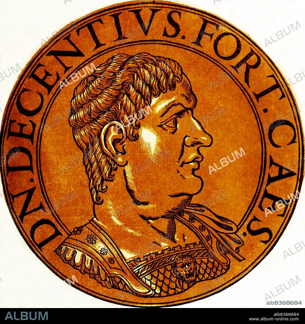 Magnus Decentius (-353) was possibly the brother of the usurper Magnentius, who murdered Emperor Constans and revolted against Emperor Constantius II in 350. When Magnentius was busy fighting against Constantius II, he elevated Decentius to Caesar and co-emperor to aid him, ordering him to oversee the defence of Gaul and the Rhine frontier.<br/><br/>. Magnentius was eventually defeated by Constantius at the Battle of Mons Seleucus in 353, and committed suicide by falling on his own sword. When Decentius heard of this, as he was leading reinforcements to aid his brother, he hanged himself at Senonae rather than continue fighting.