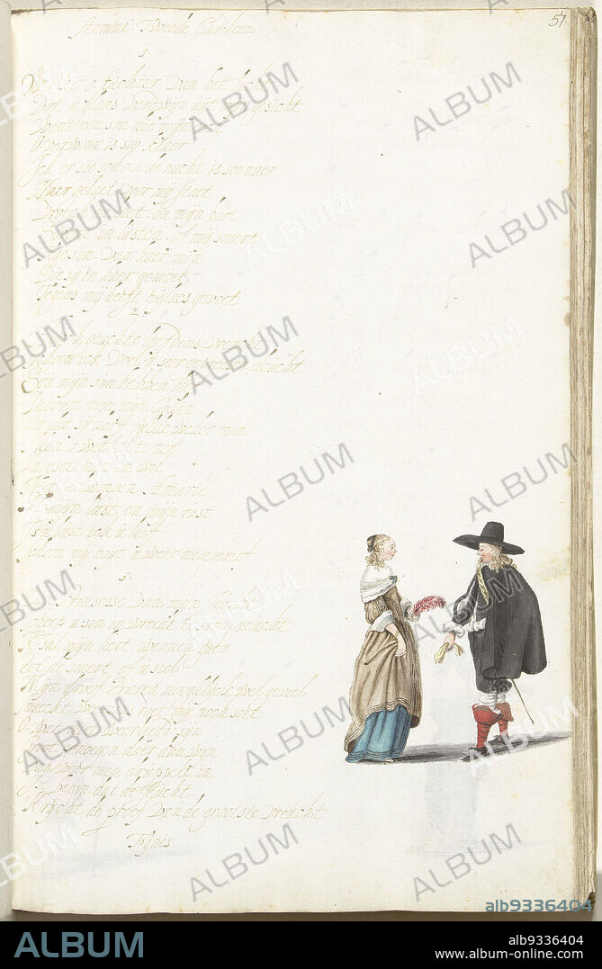 Lady and gentleman in conversation, Lady and gentleman in conversation next to love song to the tune of Second Carileen., draughtsman: Gesina ter Borch, Gesina ter Borch, Zwolle, c. 1654, paper, brush, height 313 mm × width 204 mm.