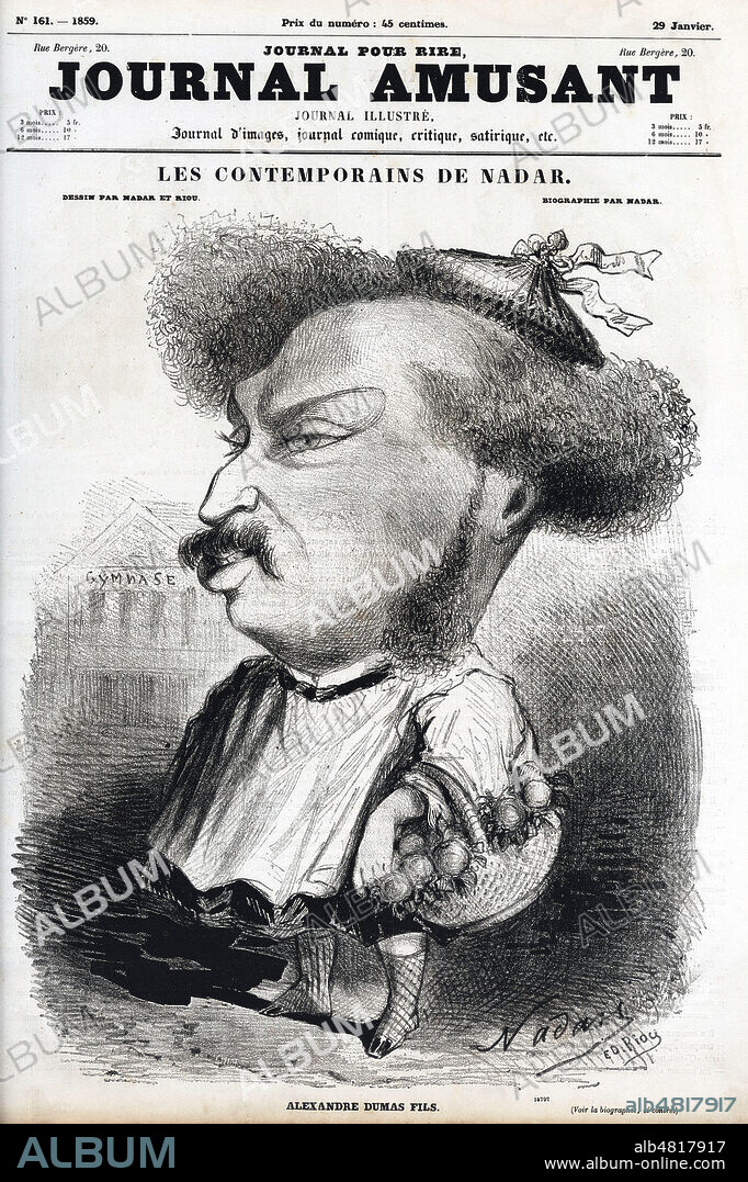 Alexandre DUMAS Fils (1824-1895). Portrait charge de la serie Les contemporains de Nadar. Caricature de NADAR (1820-1910) et Edouard RIOU (1833-1900) pour Le Journal amusant du 29 janvier 1859. Credit : Collection Kharbine-Tapabor.