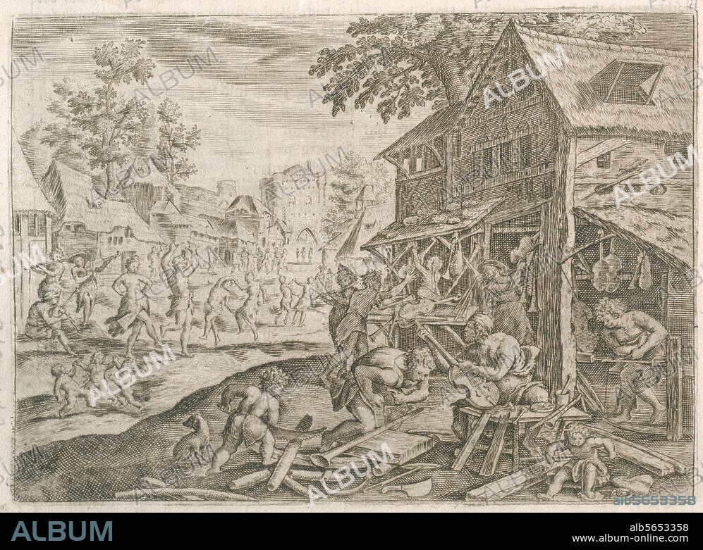 MATTHÄUS MERIAN DER ÄLTERE. Merian, Matthäus d. Ä. 1593-1650. Das Eherne Zeitalter / Jubal, der Erfinder der Musik (1. Mose 4,20-21). Kupferstich. Aus: Johann Ludwig Gottfried, Historische Chronica, Frankfurt a. M. (M.Merian) 1630, S. 20. Berlin, Sammlung Archiv für Kunst und Geschichte.