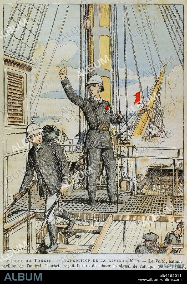 Guerra Franco-China o Conflicto de Tonkín. Enfrentamiento entre el ejército de la dinastía Qing y el colonialista francés, por el control del Tonkin, al norte de Vietnam. (Agosto 1884-abril 1885). Expedición por el río Min. El Crucero de tercera "Volta", bajo el mando del almirante Courbet, recibe orden de izar la señal del ataque (23 de agosto de 1884), durante la Batalla de Fuzhou o Batalla de la Pagoda de Anchorage. Ilustración en color de la "Armeé Française, Nos Soldats" (Ejército Francés, Nuestros Soldados). Autor, Eugene Hennebert (1826-1896). París, h. 1890. Ilustración firmada por Hussenot y Pallandre. Biblioteca Histórico Militar de Barcelona, Cataluña, España.