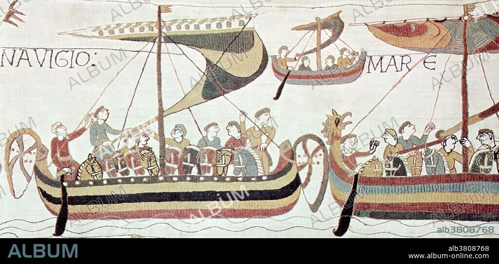 Bayeux Tapestry Scene, illustrating the Norman invasion fleet in the year 1066 AD. The Bayeux Tapestry, nearly 70 meters long, is an embroidered linen cloth narrating William the Conqueror's rise to the throne of England and culminating in the Battle of Hastings. It was probably made in England during 1073-1083 AD.  The Normans had similar boats to their ancestors, the Vikings. They had a hull built of overlapping planks (clinker or lapstrake hull). The single sail meant that boats could not tack into the wind. The boat's direction was changed using a steerboard placed on the right hand side of a boat; from this we get the word "starboard", which describes this side of a ship.  The Bayeux Tapestry is also famous for illustrating the return of Halley's Comet in 1066.