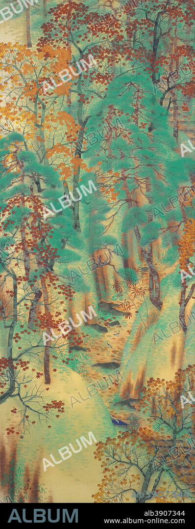 YOKOYAMA TAIKAN. Way to Atago. Date/Period: 1921. Japanese Painting. Color on silk. Height: 1,845 mm (72.63 in); Width: 722 mm (28.42 in).