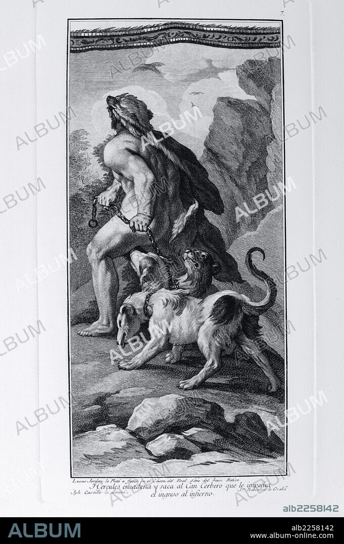JORDAN LUCAS. HERCULES. PERSONAJE MITOLOGICO. HERCULES ENCADENA Y SACA AL CANCERBERO QUE LE IMPEDIA EL INGRESO AL INFIERNO. GRABADO SOBRE UNA PINTURA DE LUCAS JORDAN. CALCOGRAFIA NACIONAL. MADRID.