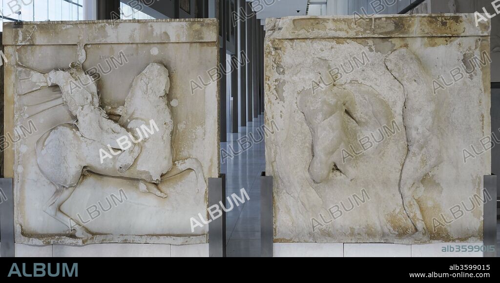 Metopes of the Parthenon from the Acropolis of Athens. Classic style. 5th century BC. Stone tablets sculpted with high relief images. Metopes 1 and 2 west zone. Battle against the Amazons. Master of works, Phidias. Pentelic marble. Acropolis Museum. Athens, Greece.