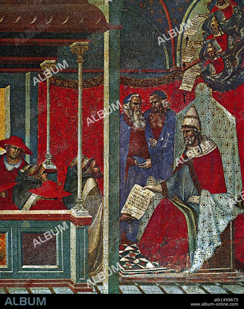 HONORIO III (Cencio SAVELLI) (Roma, ¿?-Ibid,1227). Papa entre los años 1216 al 1227, luchó contra los albigenses. "HONORIO III APROBANDO LA REGLA CARMELITANA". P. LORENZETTI. Pinacoteca de Siena. Italia.