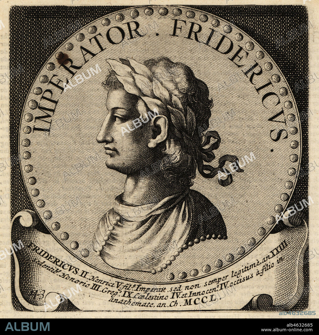 Holy Roman Emperor Frederick II, 1194-1250. Imperator Fridericus II, King of Sicily, King of Germany, King of Italy, King of Jerusalem, Hohenstaufen dynasty. Copperplate engraving from Abraham Bogaerts De Roomsche Monarchy, The Roman Monarchy, Francois Salma, Utrecht, 1697.