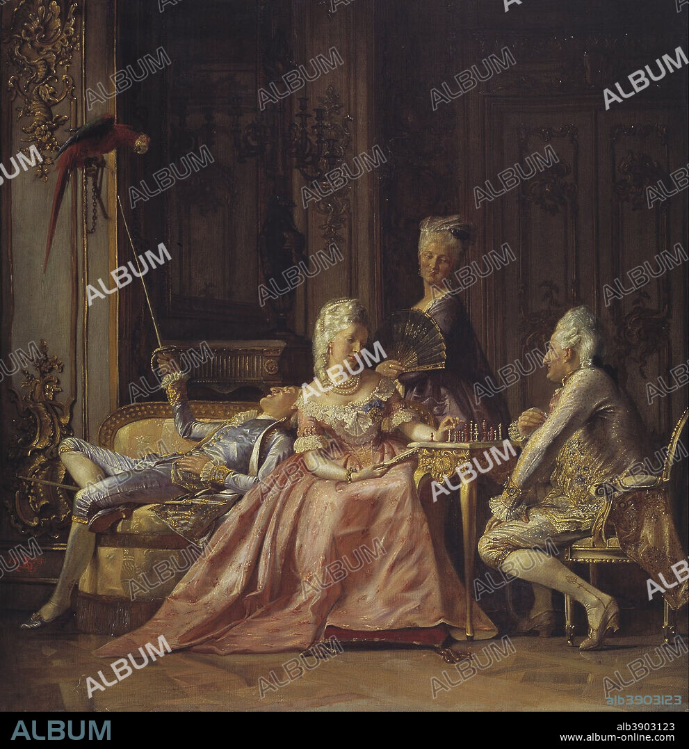 KRISTIAN ZAHRTMANN. Scene from the court of Christian VII. Date/Period: 1873. Width: 83 cm. Height: 92 cm.