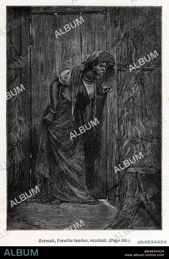 Zermah, l'oreille tendue, ecoutait. Illustration de 1887 par Leon BENETT (1838-1917) pour Nord contre Sud par Jules VERNE (1828-1905). Credit : Collection Jonas/Kharbine-Tapabor.