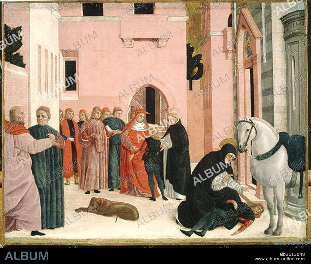 Saint Dominic Resuscitating Napoleone Orsini. Artist: Bartolomeo degli Erri (Italian, Modena, active 1460-79). Dimensions: 14 x 17 1/2 in. (35.6 x 44.5 cm). Date: 1467-74.
Bartolomeo degli Erri and his brother Agnolo were the key artistic personalities in Modena (north of Bologna) during the second half of the fifteenth century, painting three altarpieces for the church of San Domenico there. This picture is from the predella of the main altarpiece and shows Saint Dominic resuscitating the nephew of Cardinal Stefano di Fossa Nova, who had been killed in a fall from his horse. In the background, the saint presents the revived young man to his astonished uncle.