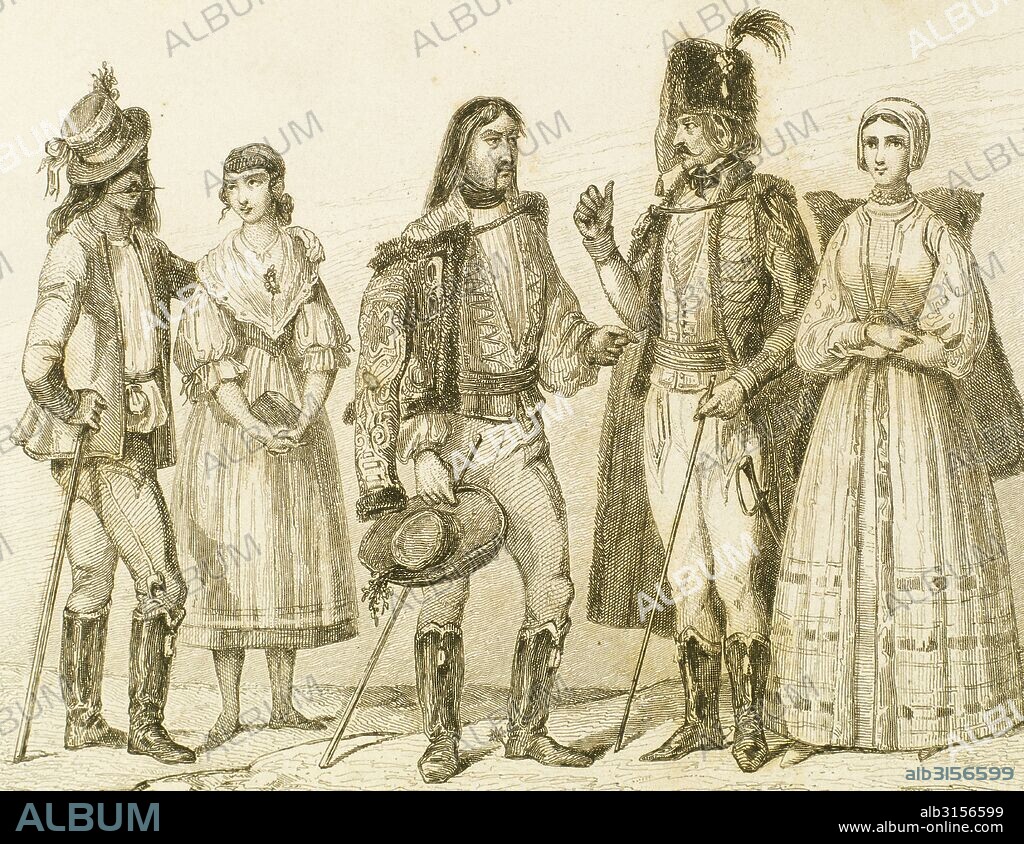 HISTORIA DE HUNGRIA. Diferentes tipos de la sociedad húngara. Grabado del siglo XIX.