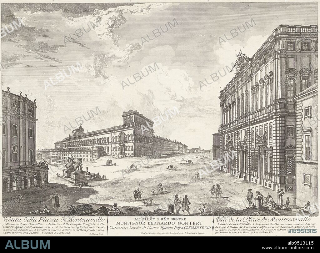 View of Piazza del Quirinale on the Quirinal hill in Rome with the Palazzo del Quirinale and the Fontana di Monte Cavallo (fountain with Castor and Pollux). Titles and explanatory lists with numbers in French and Italian and an instruction in the lower margin, Piazza del Quirinale Veduta della Piazza di Montecavallo / Vue de la Place de Montecavallo., print maker: Domenico Montaigù, (mentioned on object), intermediary draughtsman: Jean Barbault, (mentioned on object), J. Bouchard & J.J. Gravier, (mentioned on object), Italy, c. 1750 - c. 1799, paper, etching, h 396 mm × w 543 mm.