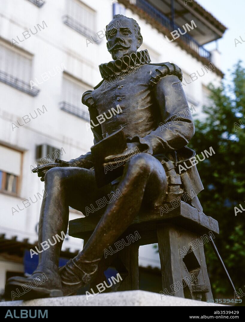 Miguel de Cervantes (Alcala de Henares, 1547-Madrid, 1616). Spanish writer. Monument at the Main Square. Campo de Criptana. Castile-La Mancha. Spain.