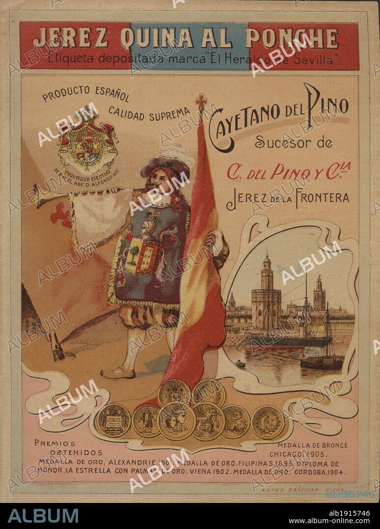 Publicidad. Etiqueta de jerez quina al ponche, de Bodegas Cayetano del Pino, de Jerez de la Frontera. Años 1905.